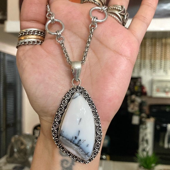 925 sterling silver overlay white grey agate gemstone charm boho stone necklace - Picture 10 of 14